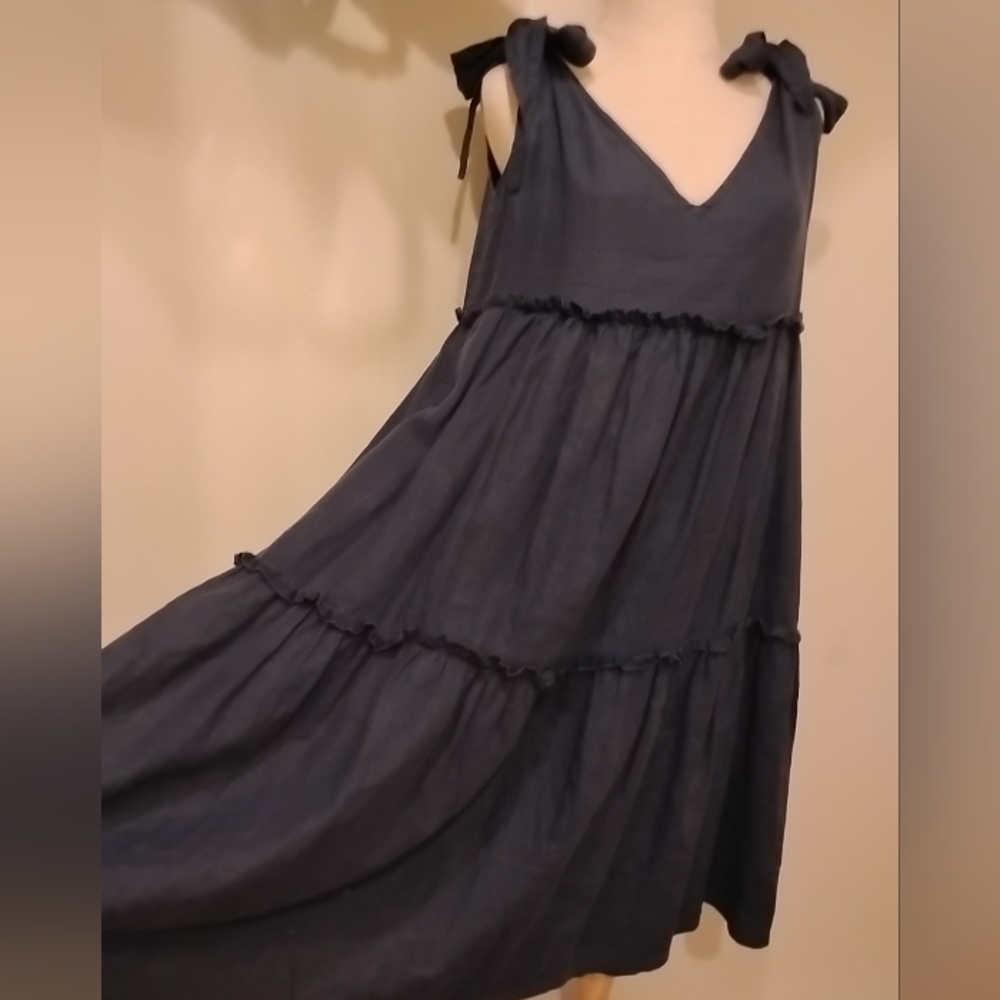 LJC Designs 100% Linen Navy Blue Sleeveless Tiered Sundress S Shoulder Ties Boho